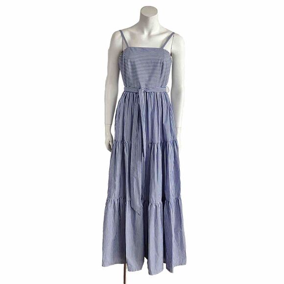 J. Crew Dress 4 Tall Blue White Striped Tiered Sleeveless Belted Sleeveless Maxi - Picture 1 of 9